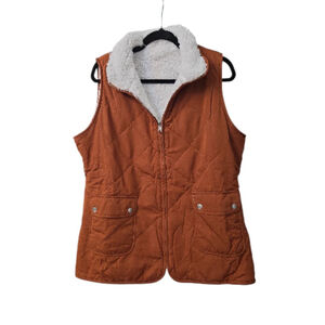 Shewin Women's Reversible Quilted Sherpa Vest, Rust/Burnt Orange, Sz M
